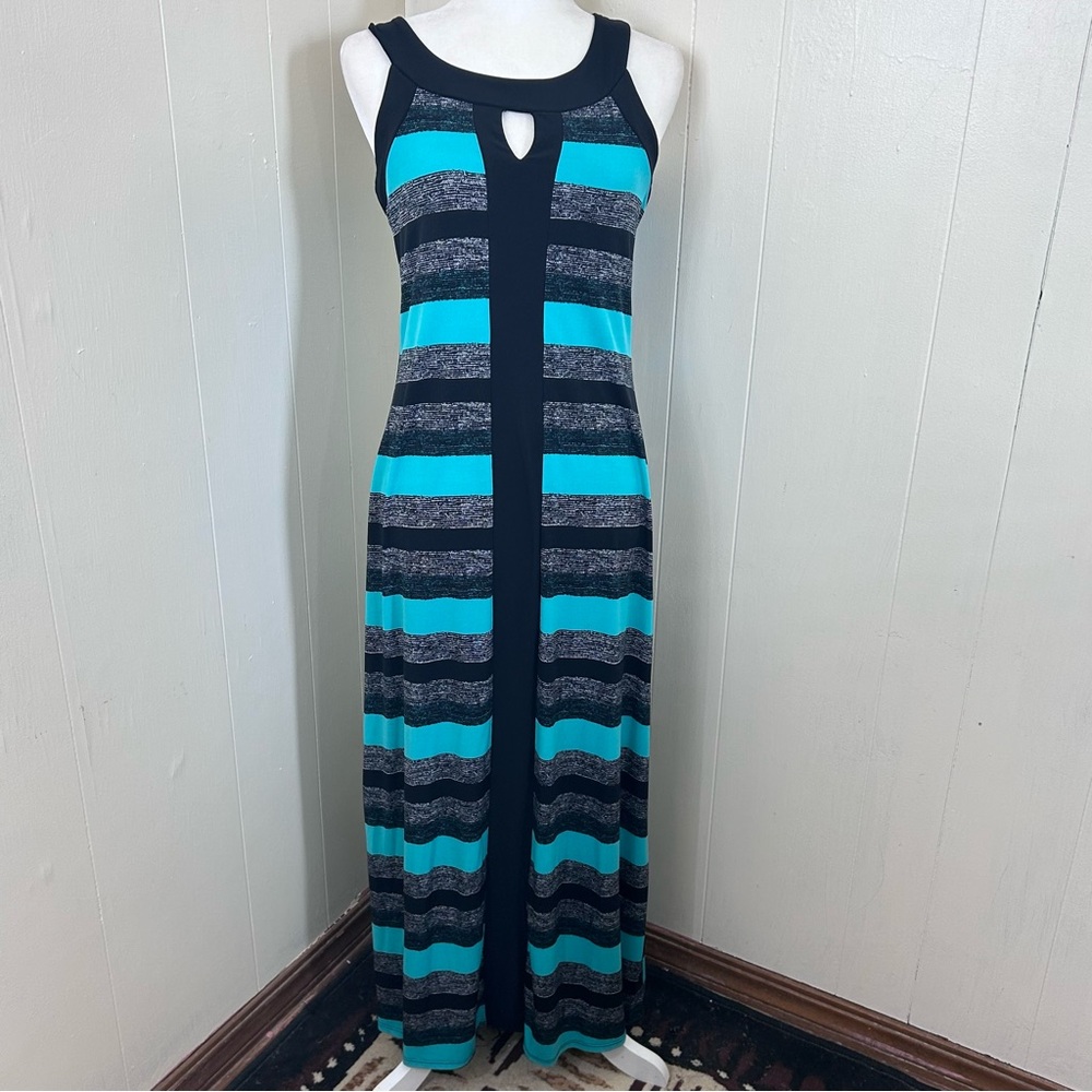 Elie McCarthy Maxi Dress Size XS Black Turquoise Striped Sleeveless Maxi Dress.